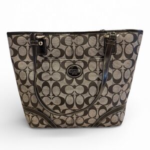 Coach Signature Tote Bag Brown Black Canvas Leather Trim Shoulder Bag